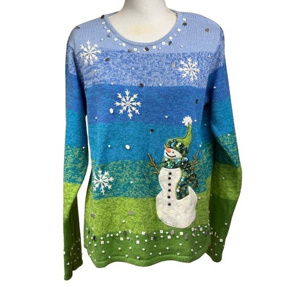 Timber Lea snowman sweater, blue/white, vintage, winter, holiday, whimsical - Picture 1 of 7